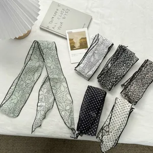Pañuelo Largo Estrecho Estilo Francés para Mujer Estampado de Leopardo Lunares Corbata de Poliéster Satén Diadema Accesorio Bolso