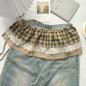 Vintage plaid lace layered skirt extender, chic fake two-piece waist curtain for stylish outfits.