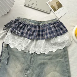 Τζιν καρό δαντέλα στρωτή φούστα μέσης casual vintage γλυκό cottagecore αξεσουάρ μόδας