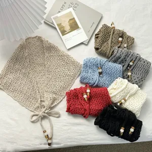 Pañuelo Triangular de Punto Calado para Mujer Falda Cortina de Color Sólido Con Cuentas de Madera y Borlas para Mujer