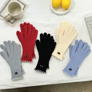 Solid Color Polyester Knit Gloves For Women Winter Warm Full Finger Touchscreen Cycling Gloves Elegant Button Ribbed Cuffs Mittens