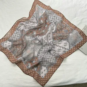 Elegantes quadratisches Seidentuch in Braun und Grau mit Blumenmuster für Damen, Vintage Halstuch.