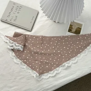 French sweet brown plaid triangle scarf with white floral print and delicate lace trim detail.