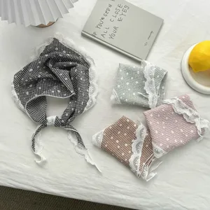 French Sweet Plaid Lace Triangle Scarf For Women Pastoral Floral Bandana Hair Scarf Decorative Head Wrap Accessories