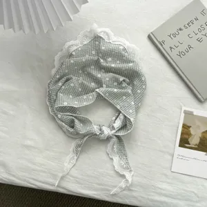French Vintage Sweet Green Plaid Lace Triangle Scarf Headband Cute Pastoral Hair Accessory