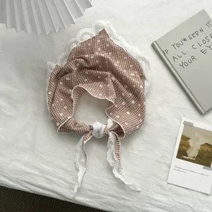 French sweet lace triangular scarf brown gingham floral retro cute headscarf hair band decor