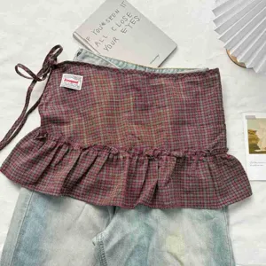 Vintage plaid layered half skirt with chic ruffles and stylish split design for women
