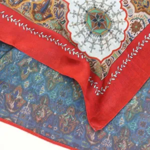 Detailed view of retro silk-feel square scarf, showcasing intricate medallion print and border.