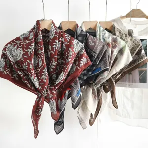 Silk feel large square scarf vintage floral neckerchief hair band detail display