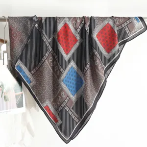 Vintage paisley square silk scarf for women, retro geometric pattern neckerchief and head wrap.