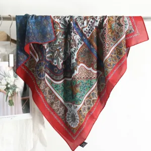 Retro 87cm imitation silk square scarf with vintage printed baroque pattern red border