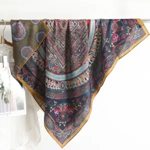 Retro ethnic style large square scarf smooth imitation silk elegant decorative neck scarf 87cm