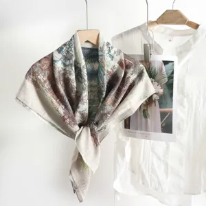 Detailed view of the 87cm vintage imitation silk square scarf with classic print design.