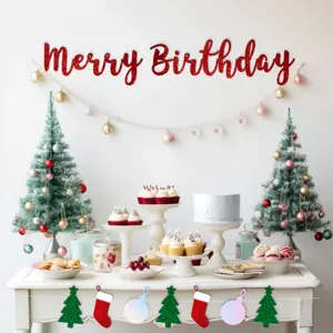 Christmas Birthday Party Decoration Banner Glitter Gold Red Letters Hanging Pennant Tree Pendant Holiday Decor