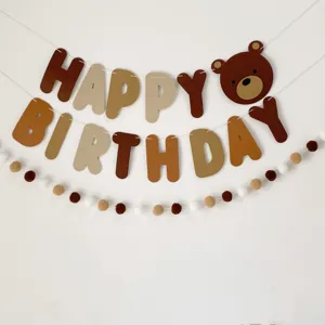 Retro brown bear birthday banner party hanging decoration felt garland for baby shower wall decor