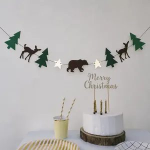 Christmas party decoration set forest deer bear banner cake topper holiday party decor supplies