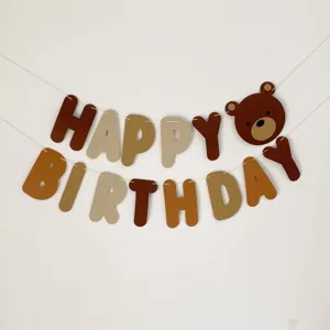 Retro brown bear birthday banner hanging decoration for baby first party wall background setup.