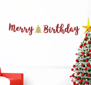 Gold and red glitter Merry Birthday banner detail showing festive party decoration quality.