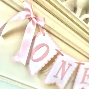 Baby high chair banner pink one birthday party decoration garland with ribbon bow detail