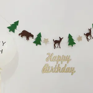 Forest Woodland Animals Birthday Party Bunting Banner Cute Bear Deer Felt Garland Kids Birthday Party Background
