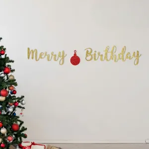 Gold glitter Merry Birthday banner with Christmas tree decor for party backdrop and celebration.
