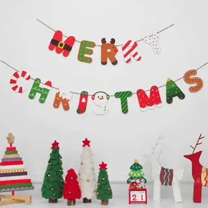 Christmas letter banner decoration set with festive tree and reindeer ornaments for party.