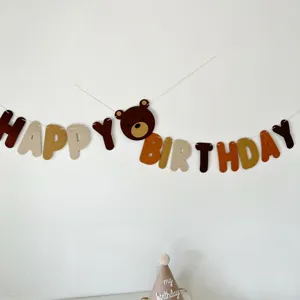 Retro brown bear happy birthday felt banner party hanging decoration wall background setup