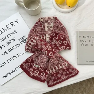 Red Fair Isle knit crossover scarf, cozy vintage winter warm neck warmer for women.