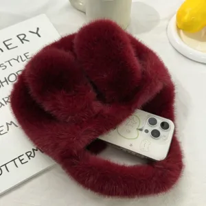 Wine red fluffy mini handbag, winter cute plush rabbit ear tote bag for daily fashion wear.