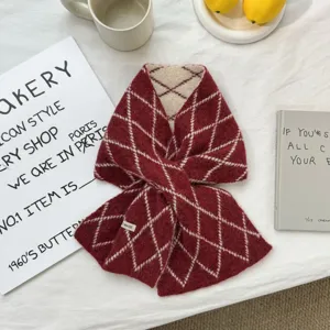 Red argyle knit cross scarf for women, cozy winter thermal vintage patterned neck warmer.