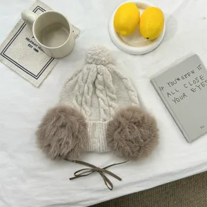 Winter Plüsch Ohrenschützer Strickmütze Damen Süße Pompon Schnürung Warme Beanie Mütze