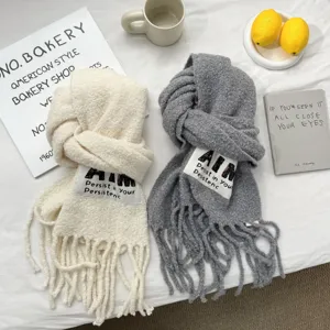 Detailed view of cozy winter knit tassel scarf in beige and grey with text label design.