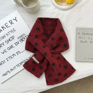 Red polka dot knitted cross scarf for women, winter warm vintage thick jacquard cowl.
