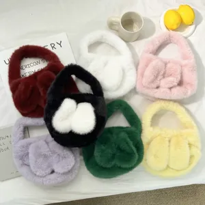Women Cute Rabbit Ear Plush Handbag Faux Fur Mini Top Handle Bag Winter Warm Fuzzy Bucket Bag For Daily Casual Solid Color Handbag