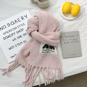 Pink textured tassel scarf winter warm cozy neckerchief with stylish letter label detail.