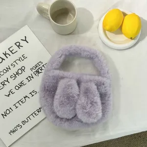 Cute purple plush rabbit ear handbag, fluffy mini handbag for women and girls daily casual wear.