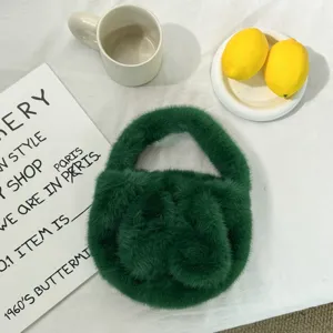 Green plush rabbit ear handbag winter cute fuzzy mini tote bag for daily casual outfits.