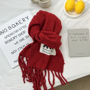Korean style solid color wool scarf for women, winter warm fringe shawl and cozy neckerchief.