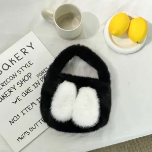 Cute black fluffy handbag with white rabbit ears, winter mini fuzzy tote bag for daily cute style