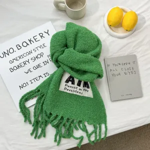 Green knitted winter scarf for women, cozy tassel wrap warm fashion casual solid color shawl.
