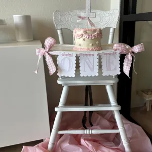 Pink Plaid One First Birthday High Chair Banner Bow Swallowtail Bunting Garland Baby Party Decoration Supplies