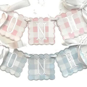 Ins Style Plaid Embroidery Bow Satin Ribbon Baby One Year Old Party Banner