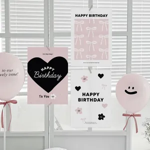 INS Style Kids Birthday Party Poster Paper Card Decorative Background Bow Pink Black Heart Floral Wall Decor