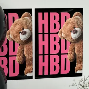 INS style birthday teddy bear wall sticker, pink HBD letter poster for baby party decor.