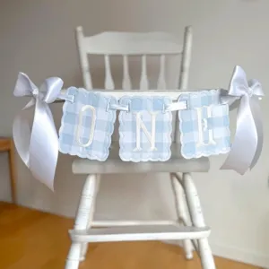 Baby first birthday party high chair banner checkered fabric ribbon bow decoration one