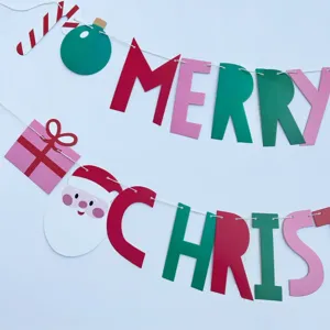 Detailed shot of Christmas letter pull banner with cute Santa and gift cardboard hanging ornaments.