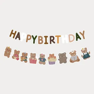INS Style Brown Bear Happy Birthday Party Decorative Banner Cute Cartoon Animal Garland