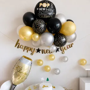 New Year party balloon decoration set with banner for celebration backdrop and holiday venue layout.
