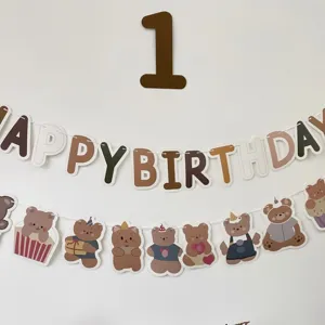 INS style brown bear birthday party banner set, cute animal hanging decoration for kids 1st birthday.