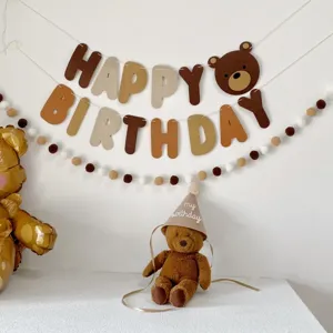 Retro brown bear birthday banner party decoration set with cute felt letters and hanging garland.